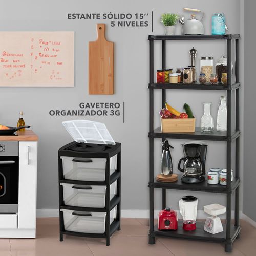 Combo Organizador Cocina (1 Estante 15" 5N + 1 Gavetero Organizador 3G)