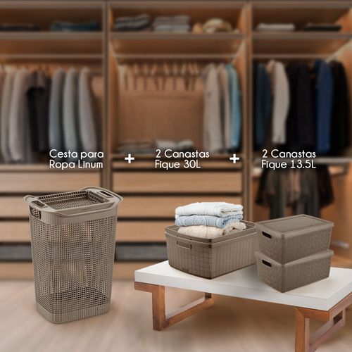 Combo Organizador Zona de Ropas (1 Cesta de Ropa  Linum + 2 Canasta Fique 13.5 Lt + 2 Casnasta Fique 30 Lt)