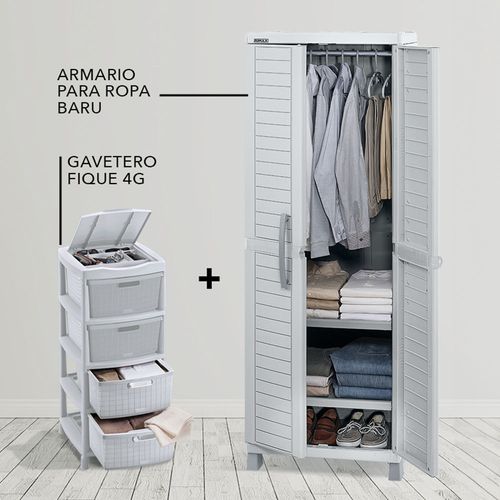 Combo Organizador (Armario Ropa Barú + Gavetero Fique Con 4 Gavetas y Tapa Organizadora)