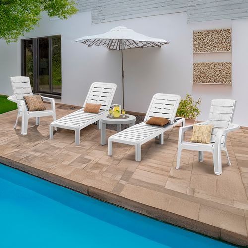 Combo Piscina (2 Camas Asoleadoras + 2 Sillas Playeras + 1 Mesa de Centro Redonda)