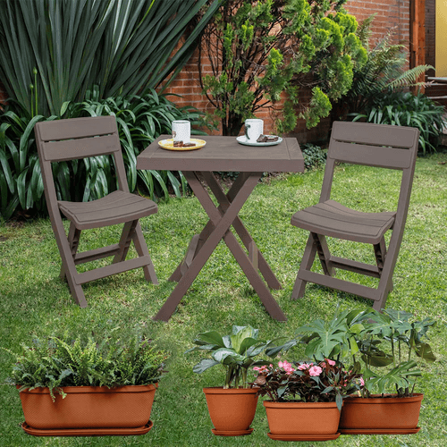 Combo Jardín (Mesa Rectangular Plegable + 2 Sillas Plegables + Materas Rafia 1 de 35 Cm + 1 de 40 Cm + 2 de 60 Cm)