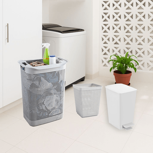 Combo Organizador Zona de Ropas (Cesta de Ropa  Linum + Basurero Pedal Slim 8 Lt + Papelera Fique 6 Lt)