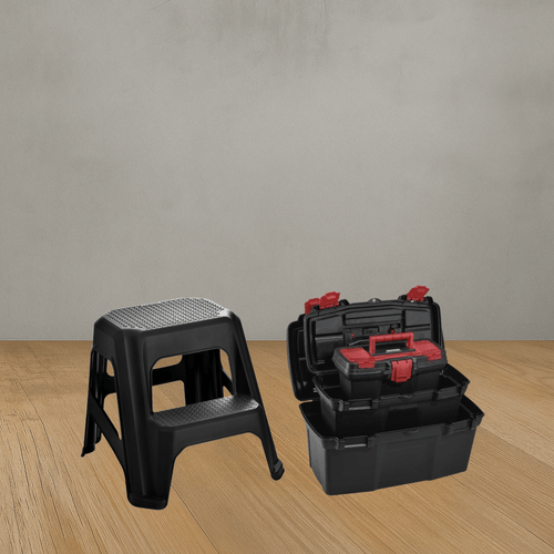 Combo Garaje (1 Escalesilla PRO Negra + Combo Caja Herramientas 19" + 16" + 11" Apilable Negra)