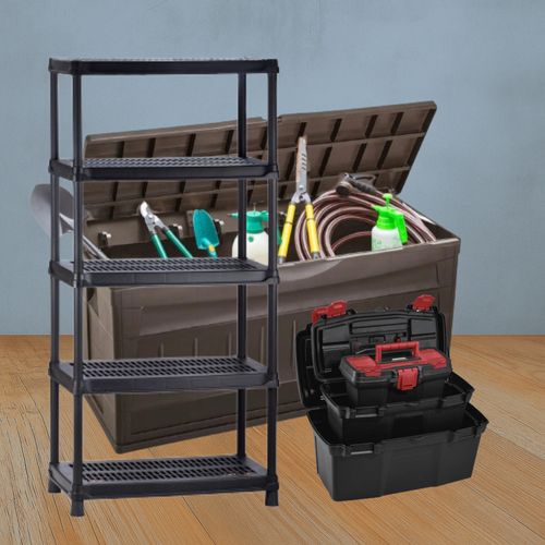 Combo Garaje (1 Baúl 300 Lts Wengue + Estanteria 18" 5N + Combo Caja Herramientas 19" + 16" + 11" Apilable Negra)