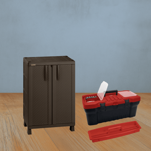 Combo Garaje (Armario Mediano Rattan Wengue + Caja Herramientas 20" Negra)