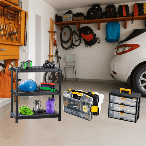 Combo Organizador (1 Estantería 18" 3N + Caja Organizadora Modular gavetas + Caja organizadora doble plegable)
