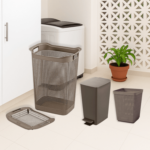 Combo Organizador Zona de Ropas (Cesta de Ropa  Linum + Basurero Pedal Slim 8 Lt + Papelera Fique 6 Lt)