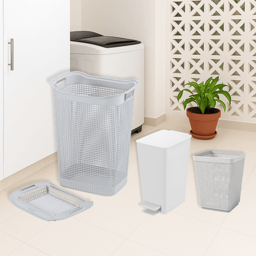 Combo Organizador Zona de Ropas (Cesta de Ropa  Linum + Basurero Pedal Slim 8 Lt + Papelera Fique 6 Lt)