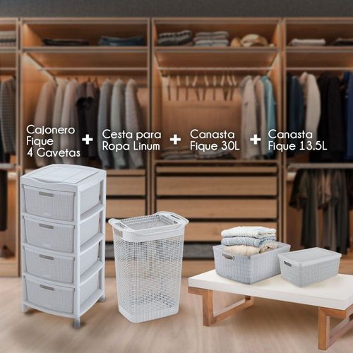 Combo Organizador Closeth  (1 Cajonero Fique 4G + 1 Canasta Fique 13.5 Lt + 1 Casnasta Fique 30 Lt  + 1 Cesta de Ropa  Linum)