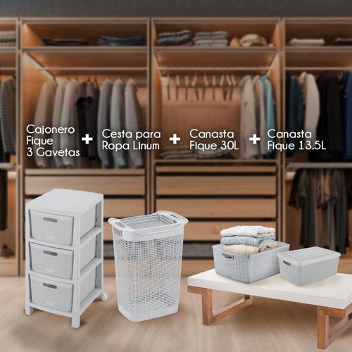 Organizador Closeth  (1 Cajonero Fique 3G + 1 Canasta Fique 13.5 Lt + 1 Casnasta Fique 30 Lt  + 1 Cesta de Ropa  Linum)