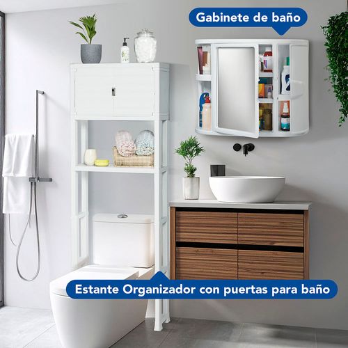 Combo Baño (Gabinete para baño con espejo + Estante Organizador Con puertas para baño)