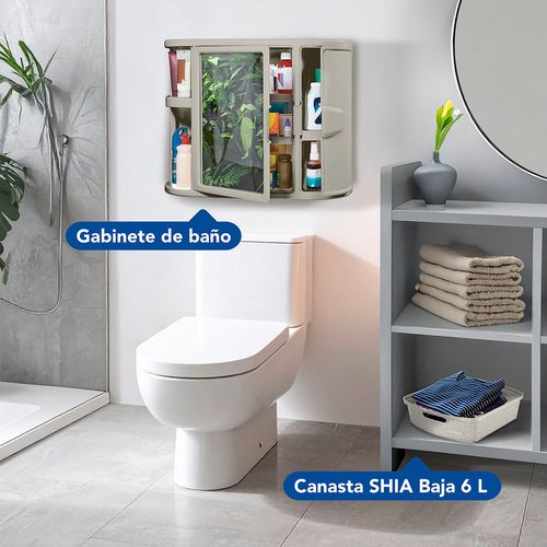 Combo baño, 1 Gabinete para baño con espejo, 1 Canasta shia baja 6 litros