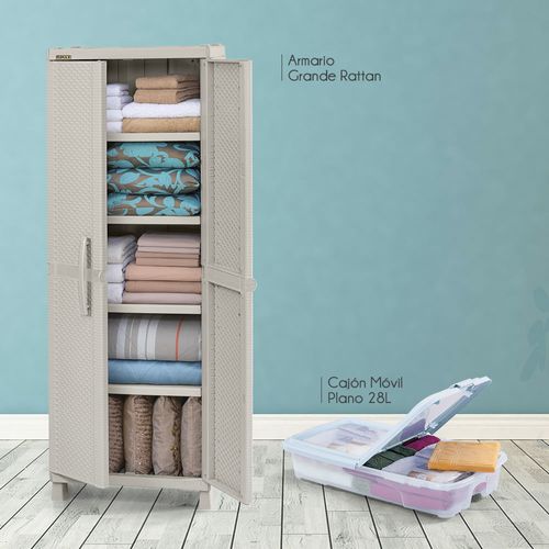 Combo organizador Rattan, 1 Armario grande, 1 Cajón móvil plano de 28 litros